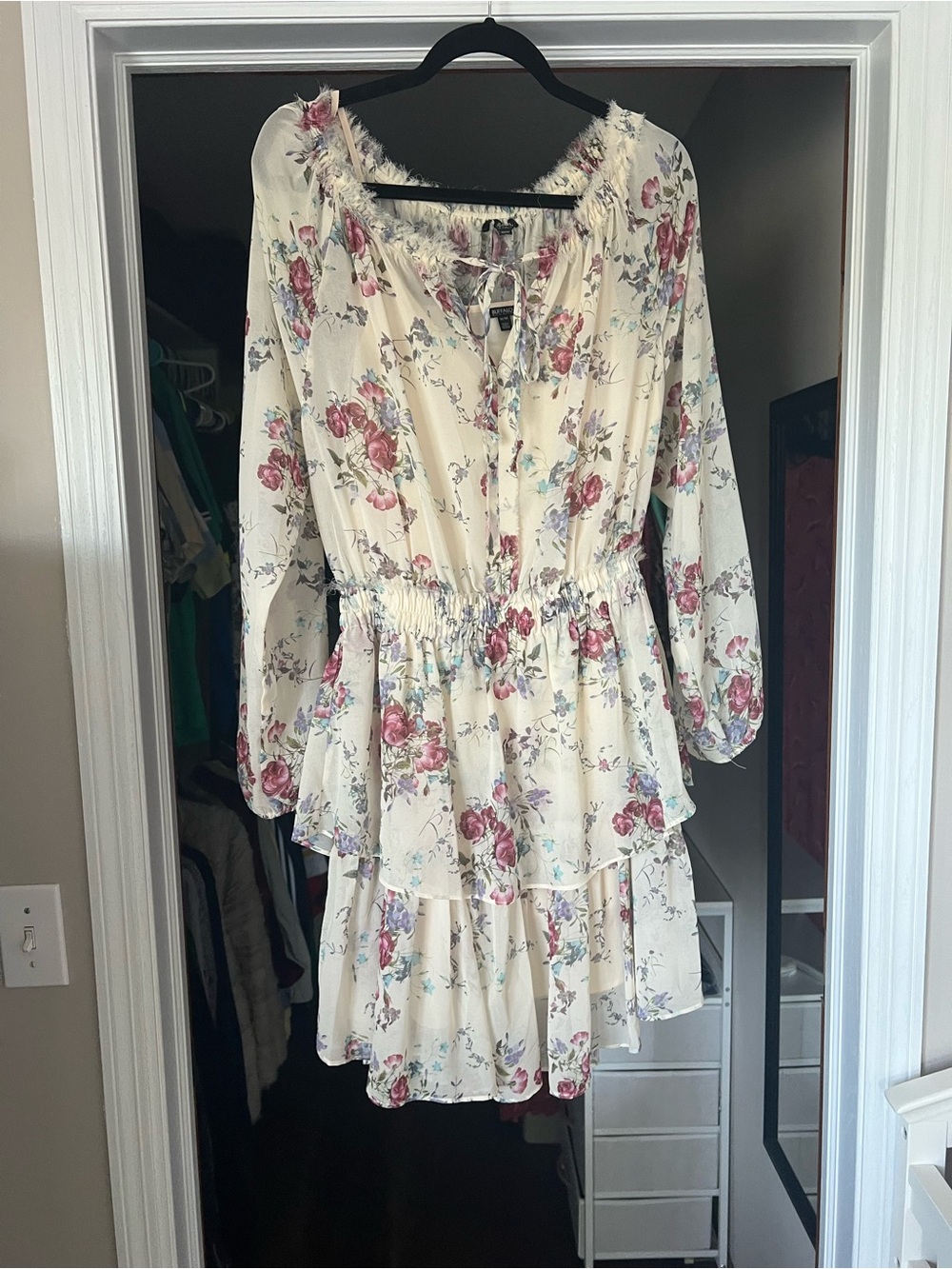 Buffalo David Bitton Cream Floral Tie-Front Blouse with Pink & Lavender Flowers